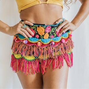 Multicolor Crochet Fringe Mini Skirt belt